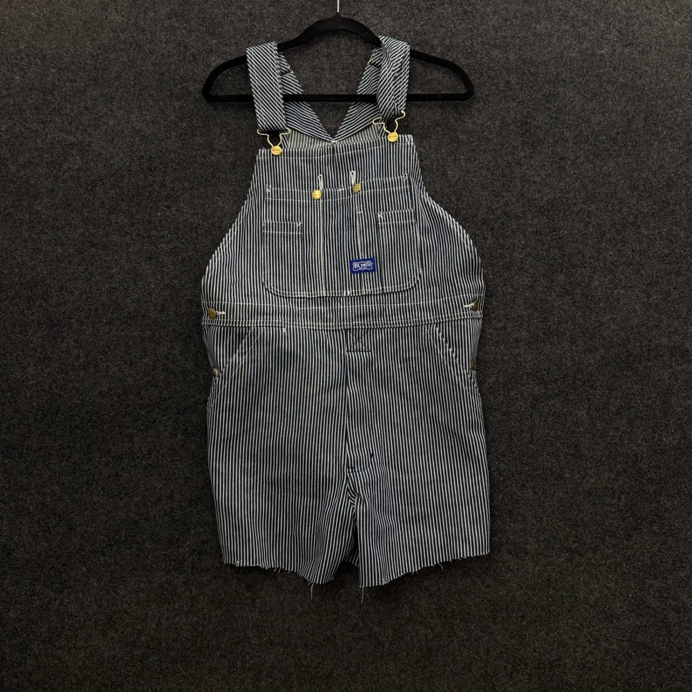 Vintage Big Smith Hickory Stripe Denim Bib Overalls Shorts Cut Off Blue White 36